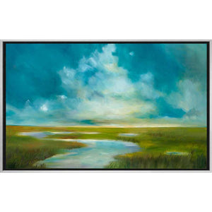 FG3048C01 Giclée on Matte Canvas, framed Floating in a Contemporary Silver Floater Frame #7662. This frame has a 2in profile in black. Finished Size: W 50.00 in x H 50.00 in