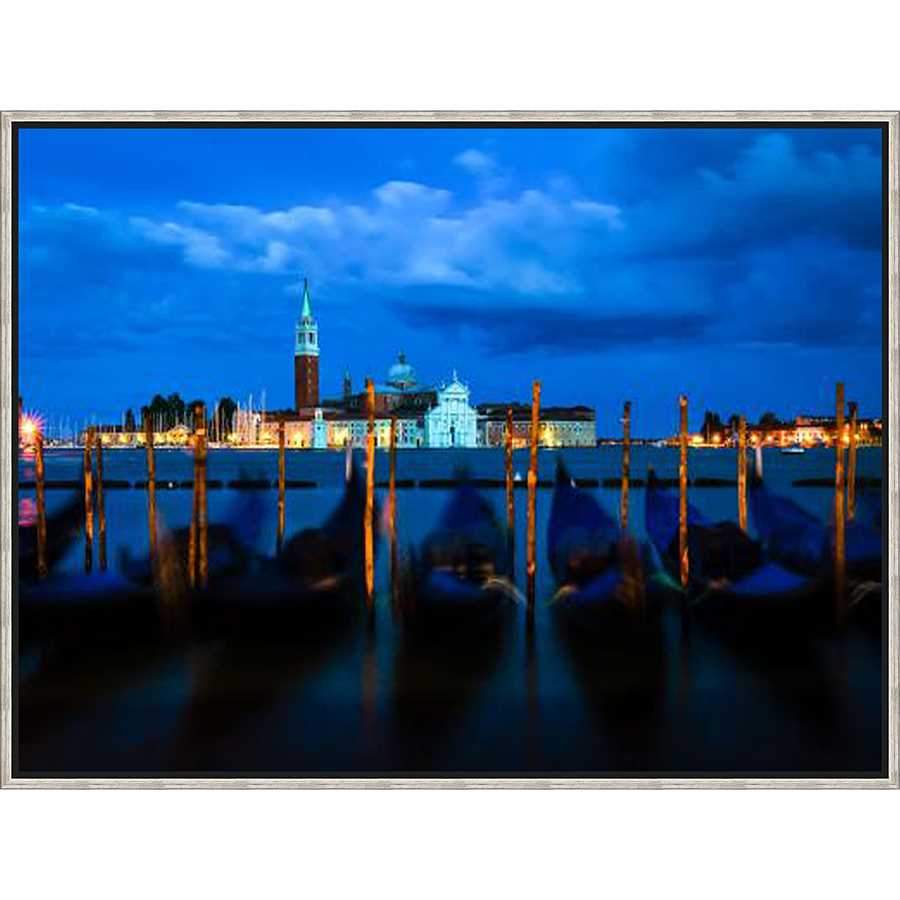FG3130C02 Giclée on Matte Canvas, framed Floating in a Contemporary Silver Floater Frame #7662. This frame has a 2in profile in black. Finished Size: W 50.00 in x H 38.00 in