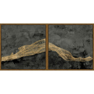 FG4D01C00 Giclée Diptych on Matte Canvas, framed Floating in a Contemporary Gold Floater Frame #7663. This frame has a 2in profile in black. Finished Size: W 78.00 in x H 39.00 in