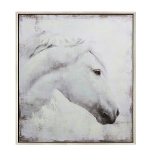 FH5001C01 Giclée on Matte Canvas, framed Floating in a Contemporary Silver Floater Frame #7662. This frame has a 2in profile in black. Finished Size: W 32.00 in x H 42.00 in