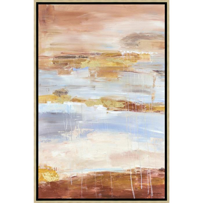 FH6006C01 Hand-Painted Original Oil on Matte Canvas, framed Floating in a Contemporary Gold Floater Frame #7663. This frame has a 2in profile in black. Finished Size: W 26.00 in x H 38.00 in