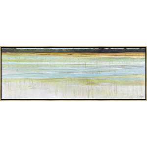 FH6014C01 Hand-Painted Original Oil on Matte Canvas, framed Floating in a Contemporary Gold Floater Frame #7663. This frame has a 2in profile in black. Finished Size: W 64.00 in x H 32.00 in