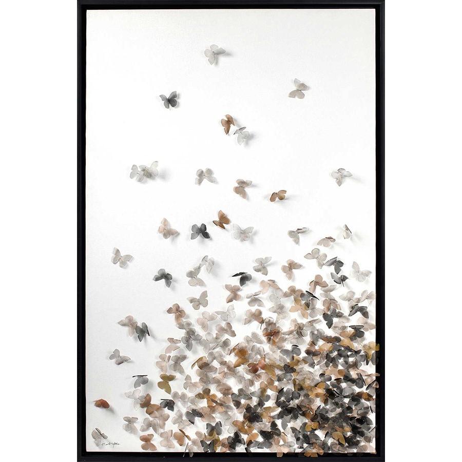 FG6040C01 3D Art composed of Silk Butterflies, framed Floating in a Contemporary Black Frame. Finished Size: W 30.00 in x H 48.00 in