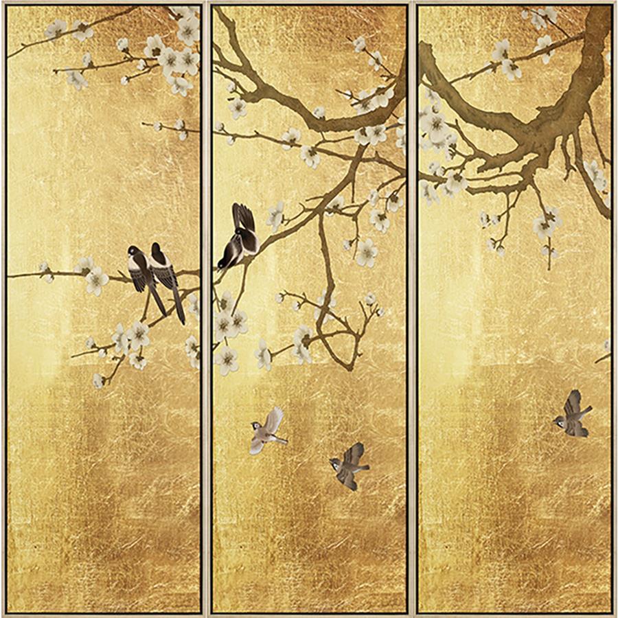 FH6T01C00 Hand-Painted Original Oil Triptych on Matte Canvas, framed Floating in a Contemporary Gold Frame.
Embellished with Gold Foil Finished Size: W 78.00 in x H 74.00 in