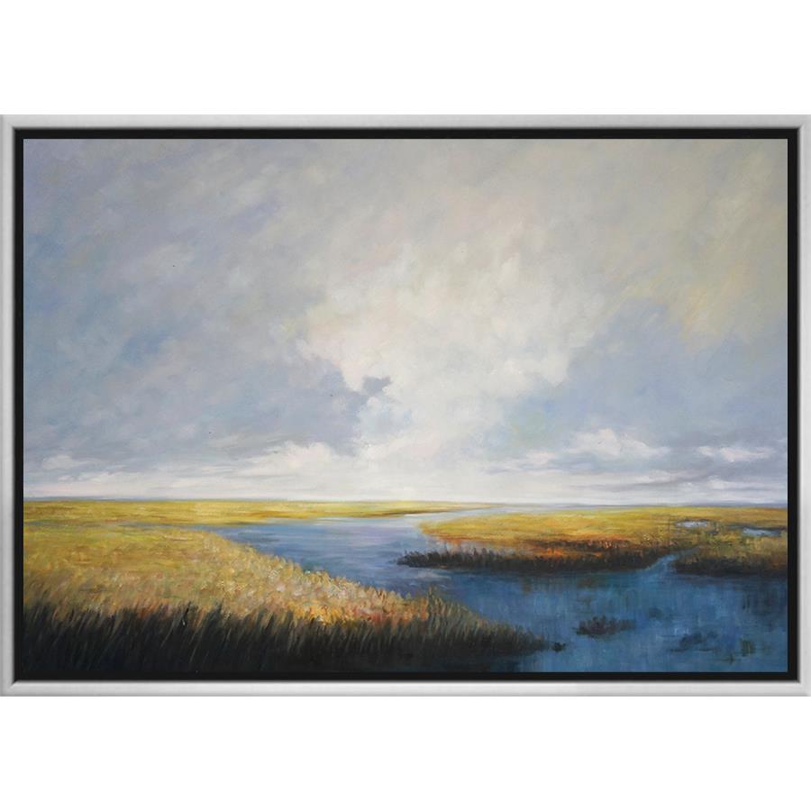 FH7003C01 Hand-Painted Original Oil on Matte Canvas, framed Floating in a Contemporary Silver Floater Frame #7662. This frame has a 2in profile in black. Finished Size: W 73.00 in x H 49.00 in