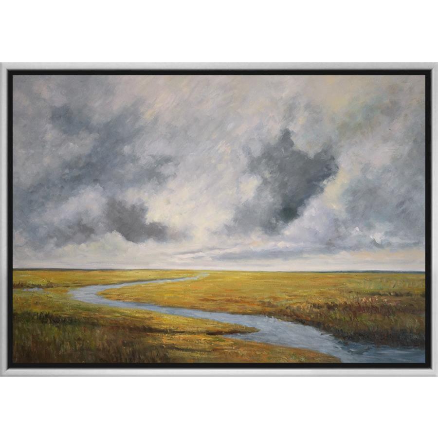 FH7005C01 Hand-Painted Original Oil on Matte Canvas, framed Floating in a Contemporary Silver Floater Frame #7662. This frame has a 2in profile in black. Finished Size: W 73.00 in x H 49.00 in