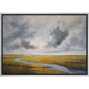 FH7005C01 Hand-Painted Original Oil on Matte Canvas, framed Floating in a Contemporary Silver Floater Frame #7662. This frame has a 2in profile in black. Finished Size: W 73.00 in x H 49.00 in