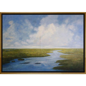 FH7006C01 Hand-Painted Original Oil on Matte Canvas, framed Floating in a Contemporary Gold Floater Frame #7663. This frame has a 2in profile in black. Finished Size: W 73.00 in x H 49.00 in