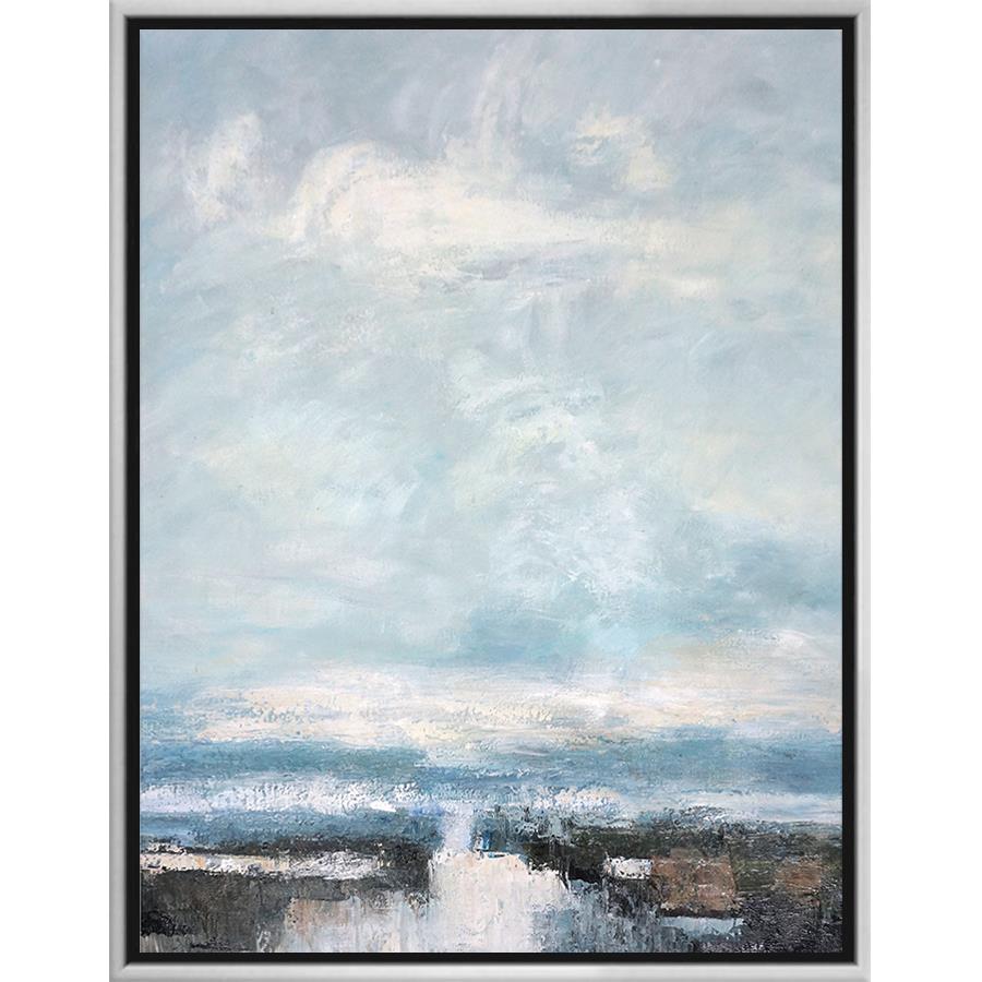 FH7009C01 Hand-Painted Original Oil on Matte Canvas, framed Floating in a Contemporary Silver Floater Frame #7662. This frame has a 2in profile in black. Finished Size: W 33.00 in x H 50.00 in