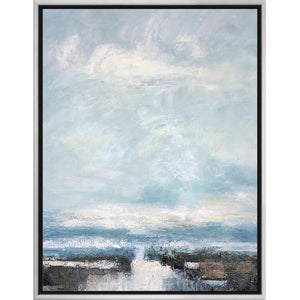 FH7009C01 Hand-Painted Original Oil on Matte Canvas, framed Floating in a Contemporary Silver Floater Frame #7662. This frame has a 2in profile in black. Finished Size: W 33.00 in x H 50.00 in
