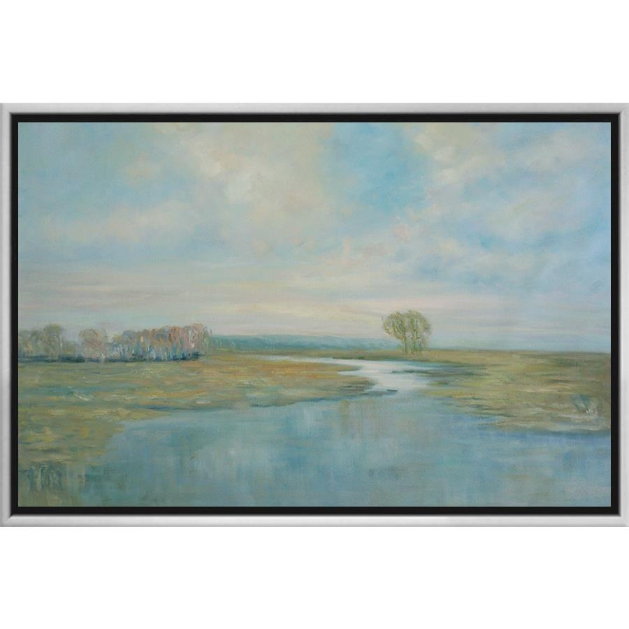 FH7010C01 Hand-Painted Original Oil on Matte Canvas, framed Floating in a Contemporary Silver Floater Frame #7662. This frame has a 2in profile in black. Finished Size: W 49.00 in x H 38.00 in