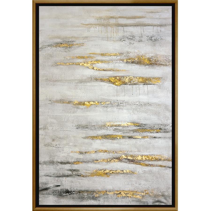 FH7029C01 Hand-Painted Original Oil on Matte Canvas, framed Floating in a Contemporary Gold Floater Frame #7663. This frame has a 2in profile in black.
Embellished with Gold Foil and Texturized Finished Size: W 49.00 in x H 73.00 in