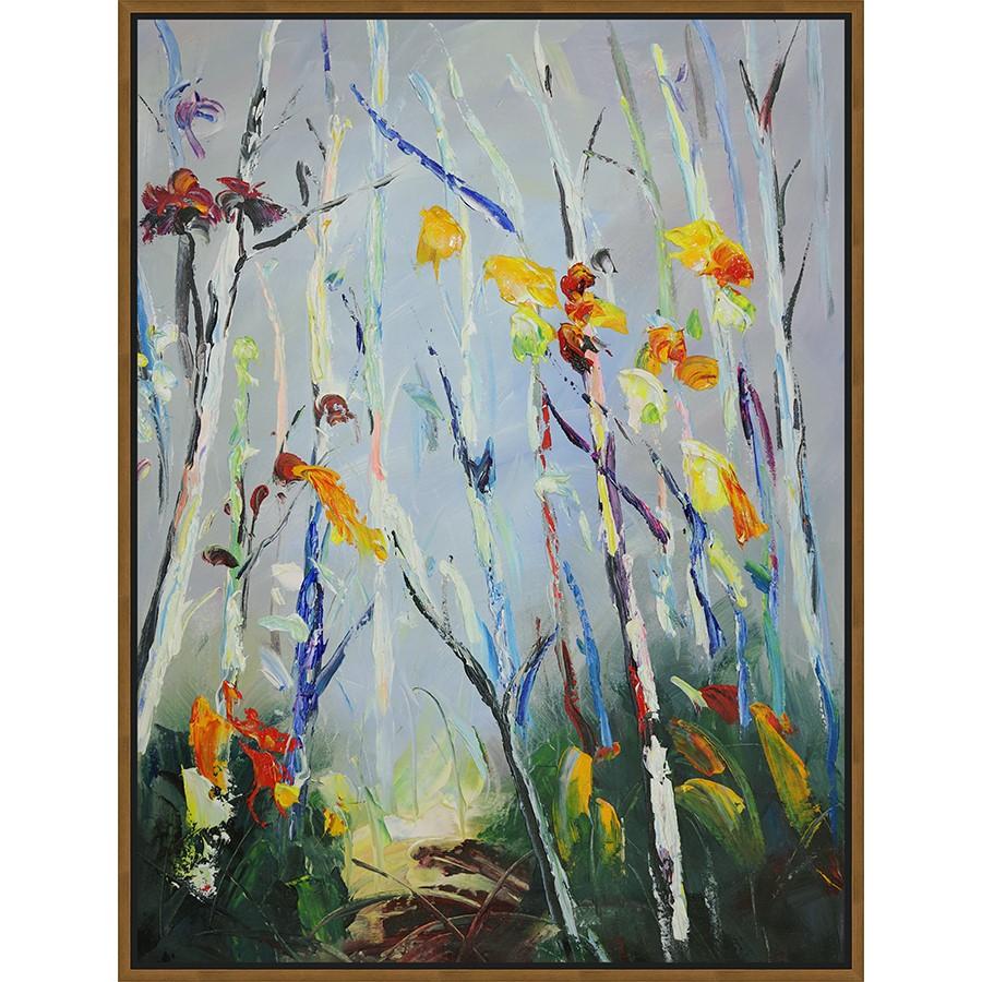 FH7041C01 Hand-Painted Original Oil on Matte Canvas, framed Floating in a Contemporary Gold Floater Frame #7663. This frame has a 2in profile in black. Finished Size: W 38.00 in x H 50.00 in