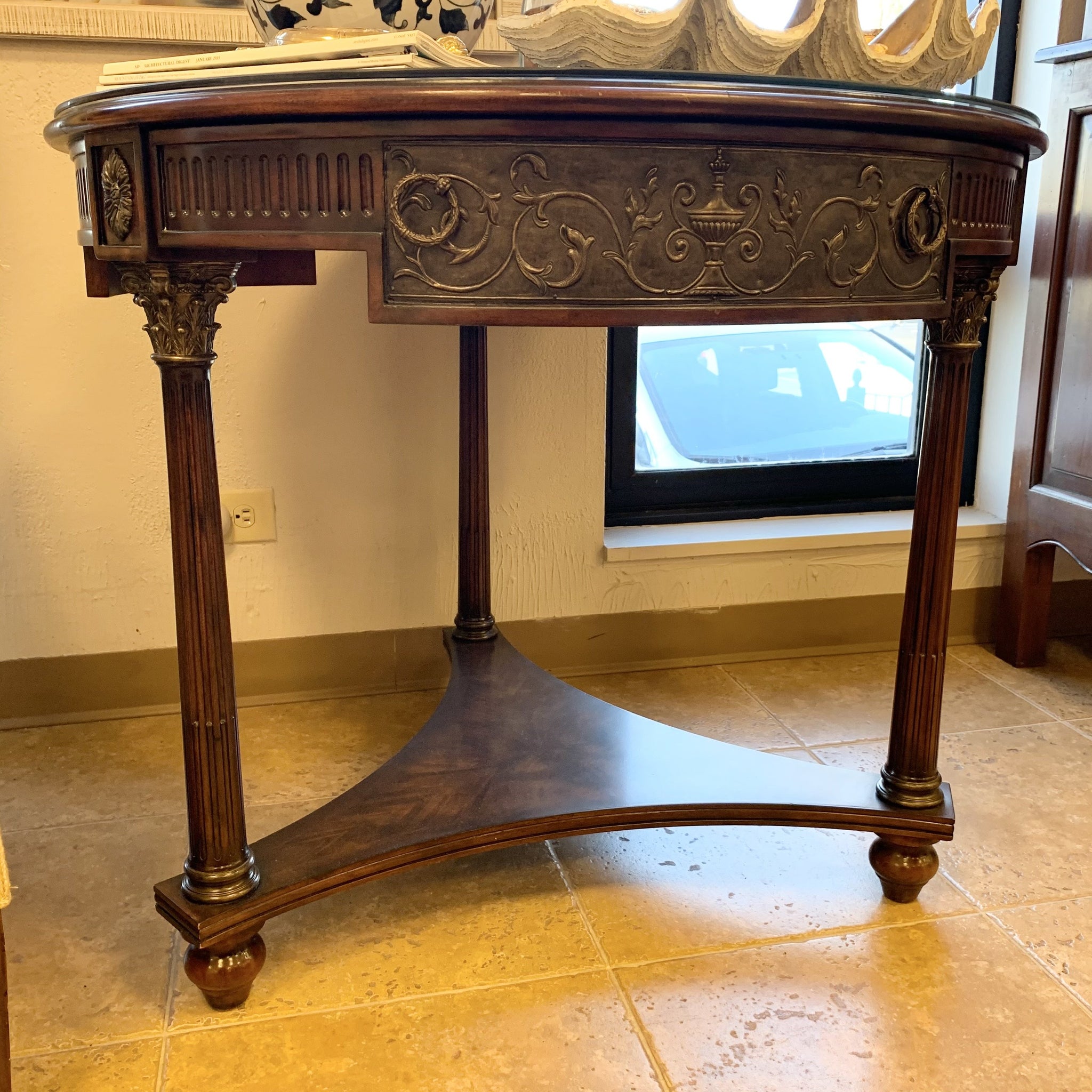 Walnut Center Hall Table with Metal Embellished Drawer