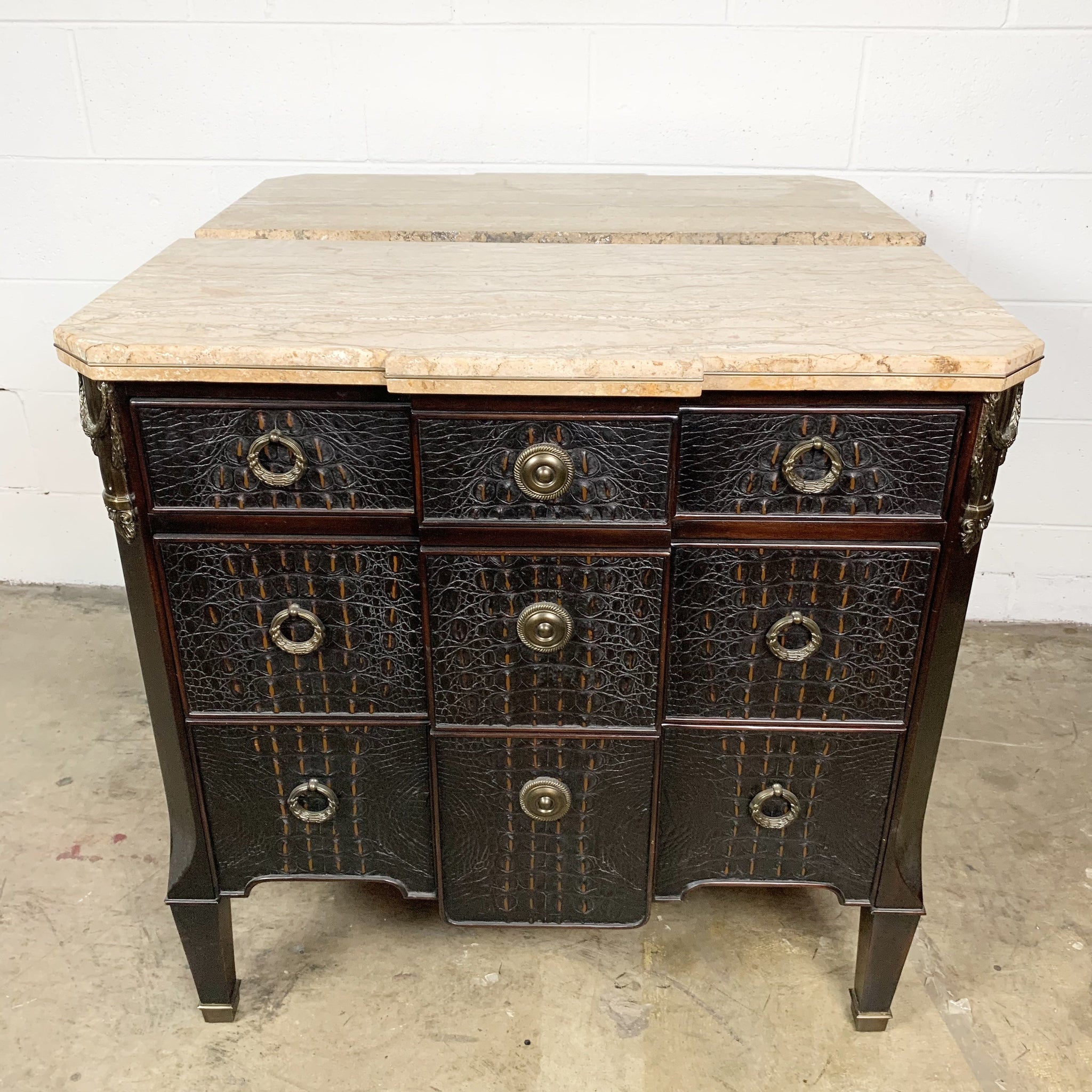 3 Drawer Marble Top Ebonised Chest w/ Brass Accents